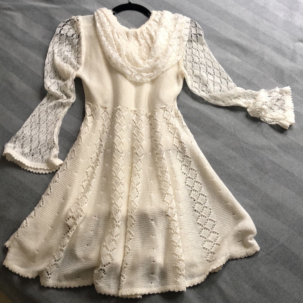 Crochet, Ivory Lace Set: dress with hoodie, pants, sleeveless cropped top